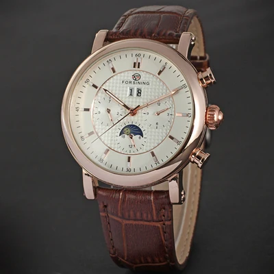 

Forsining Mens Automatic Mechanical Moonphase Function Leather Strap Wrist Watches Rose Gold Case Relogio Masculino Montre Male