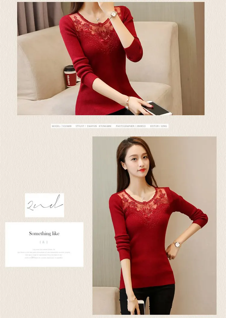 Personality Diamonds Sweater Women Sexy Lace Mesh Patchwrok Sweater Autumn Casual O-neck Knitted Sweaters And Pullovers 2019 (3)