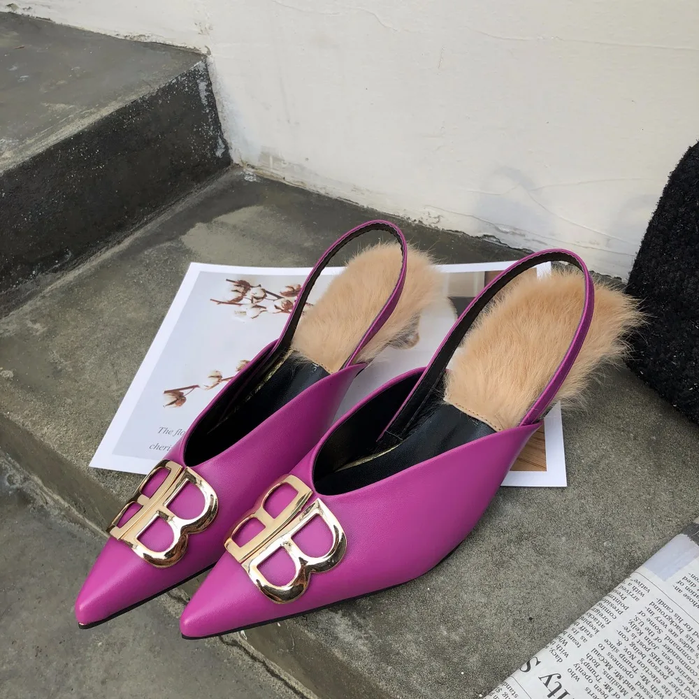 

2019 Spring Autumn New Designer Women Pumps Pointed Toe Rabbit Fur Brand Metal Logo Ladies Party Shoes Med Heels Zapatos Mujer