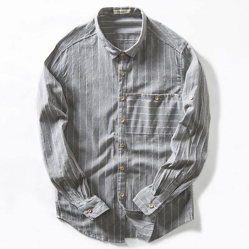 Бренд 4XL мужские рубашки льняные с длинным рукавом Весенняя мода полосатая тонкая Ретро Повседневная рубашка мужская Camisa Masculina AF1764 - Цвет: Gray