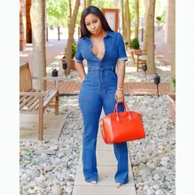 Hot Fashionable Popular 2019 Bodycon Blue Belt Jumpsuit Short Sleeve Denim Jumpsuit V-Neck Summer Long Jumpsuit Plus Size XXL stylish v neck long sleeve blue denim women s jumpsuit