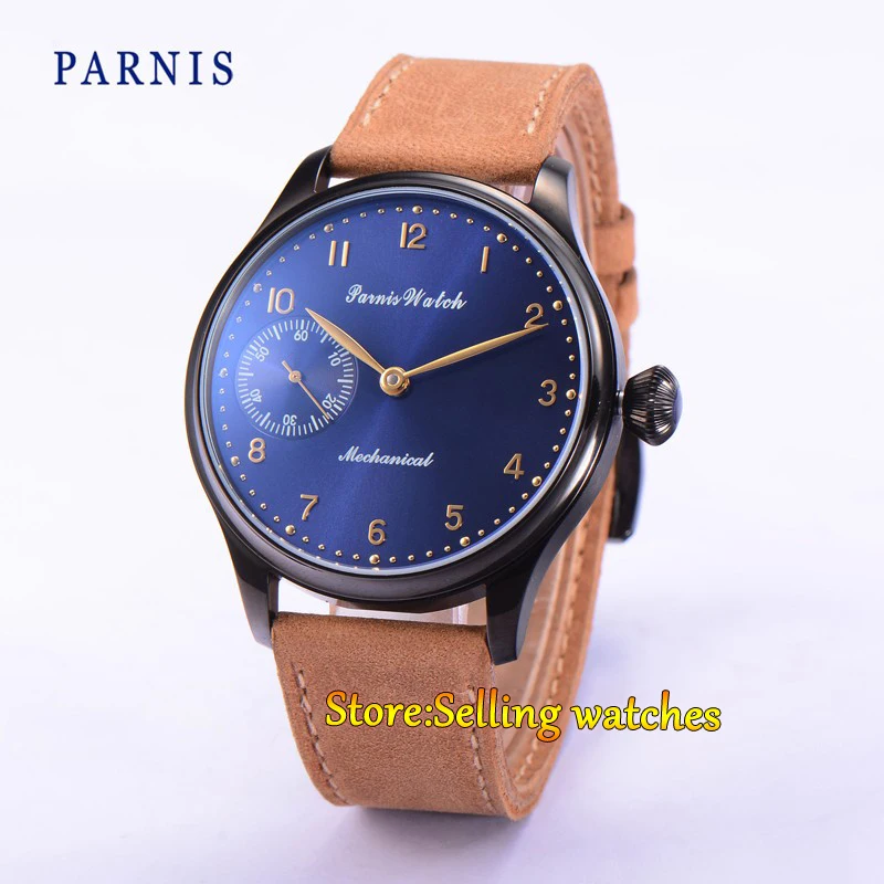 44mm Parnis Hand Winding Mechanical Dark Blue Dial PVD Case Men's Wrist Watch