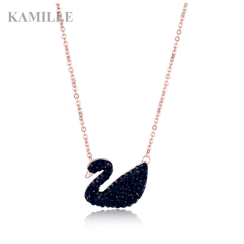 

Kamille Crystal Rhinestone Black Swan Pendant Necklace for Women Girls S925 Silver Rose Gold Choker Chain Fashion Jewelry Gift