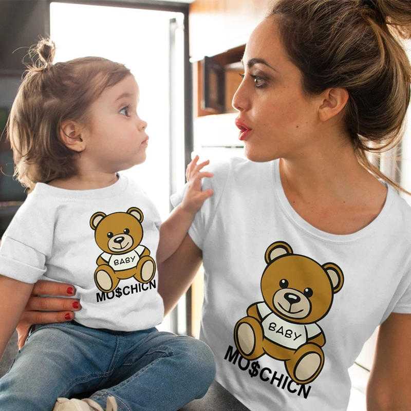 

ZSIIBO Vogue T-shirt Girl Costume Female Tees Bear Summer 2019 Flower Short-sleeve Ladies Top 2Y-2XL Clothes Matching CX6L196