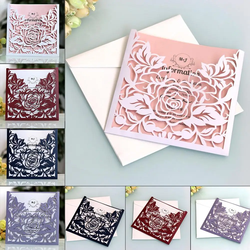  10pcs/lot Lace Pocket Wedding Invitations Cards Square Laser Cut Rose Flower Greeting Card Invitati - 4.00001E+12