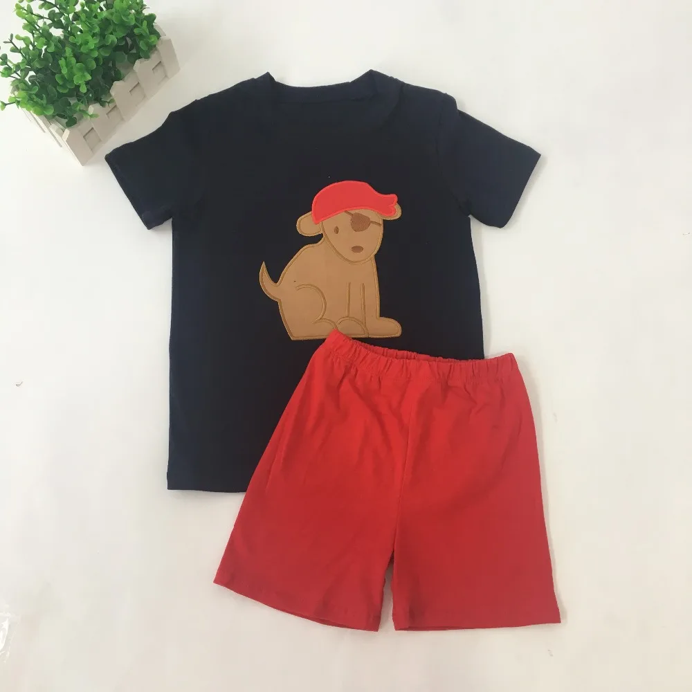 Puresun Super Cute Baby Boy Summer Clothes Cute Embroidery Naby Blue T-shirt With Red Shorts Set Baby Summer Boutique Clothing