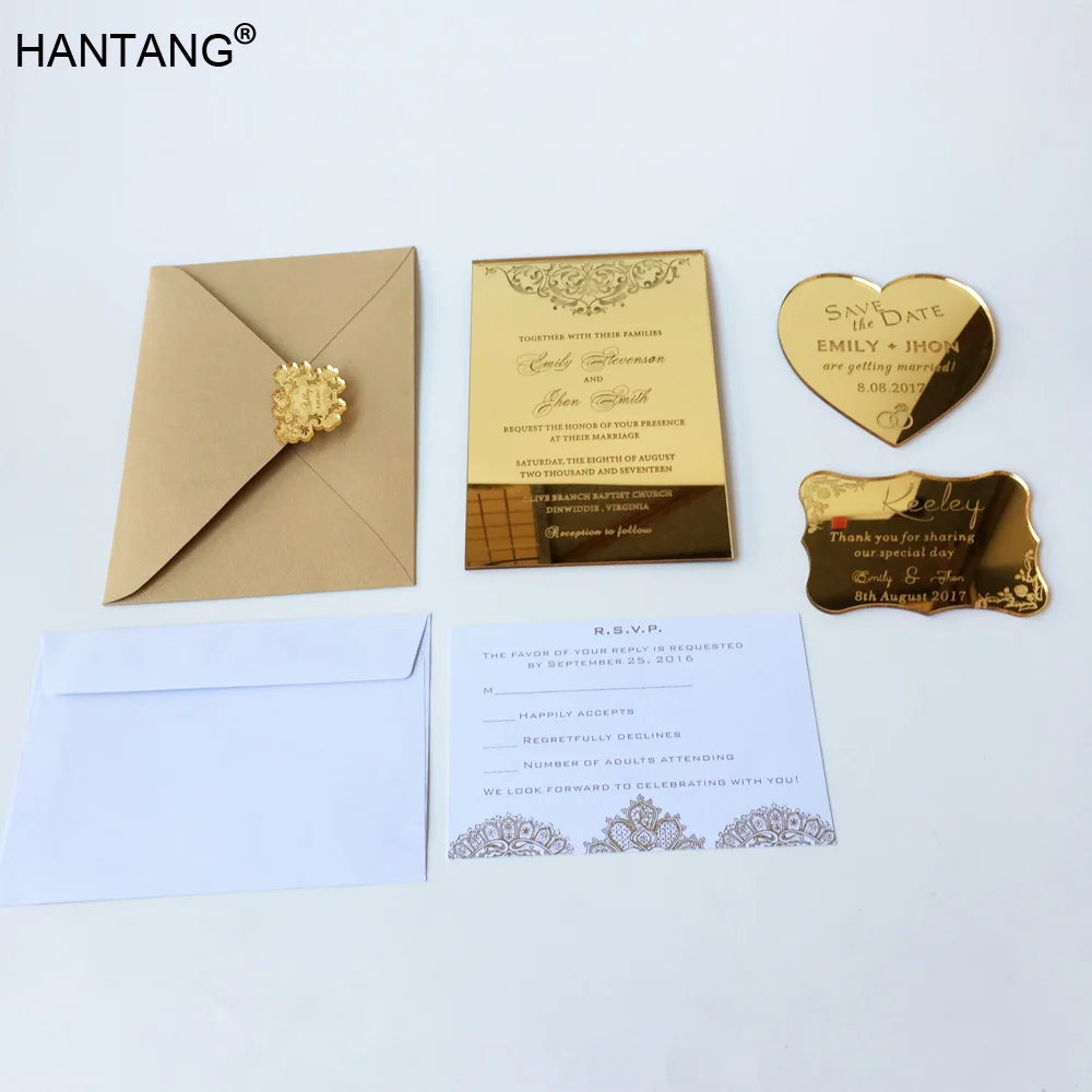  115x175mm Rectangle Shape Engraved Golden Mirror Acrylic Wedding Invitation Card Set 100 Sets Per L - 32829990457