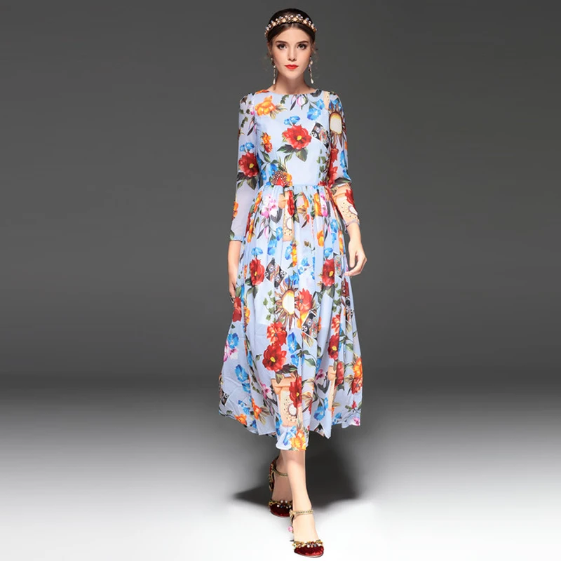 D'été Flare Mi Impression Robe Fit Partie mollet Fille Fleur Printemps Femmes Et 2018 Élégant Floral Bohème Poignet Multi 1gxBnn