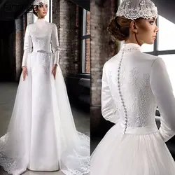 2019 мусульманское свадебное платье атласное с аппликацией и длинными рукавами съемное Vestido De Noiva Boho Дубай арабское свадебное платье