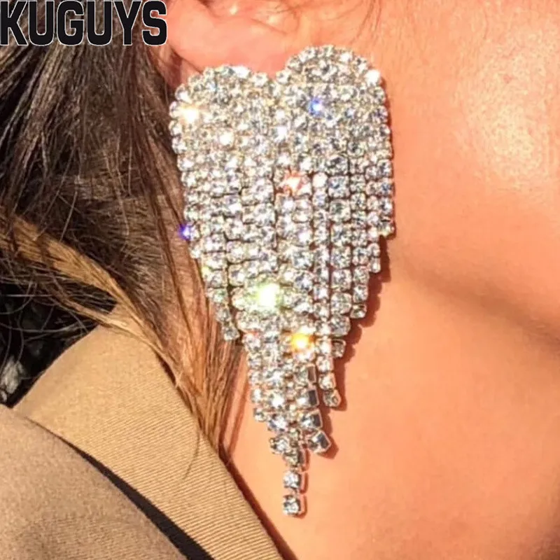 Женские серьги-кисточки KUGUYS модные серьги с кристаллами в виде сердца крупные