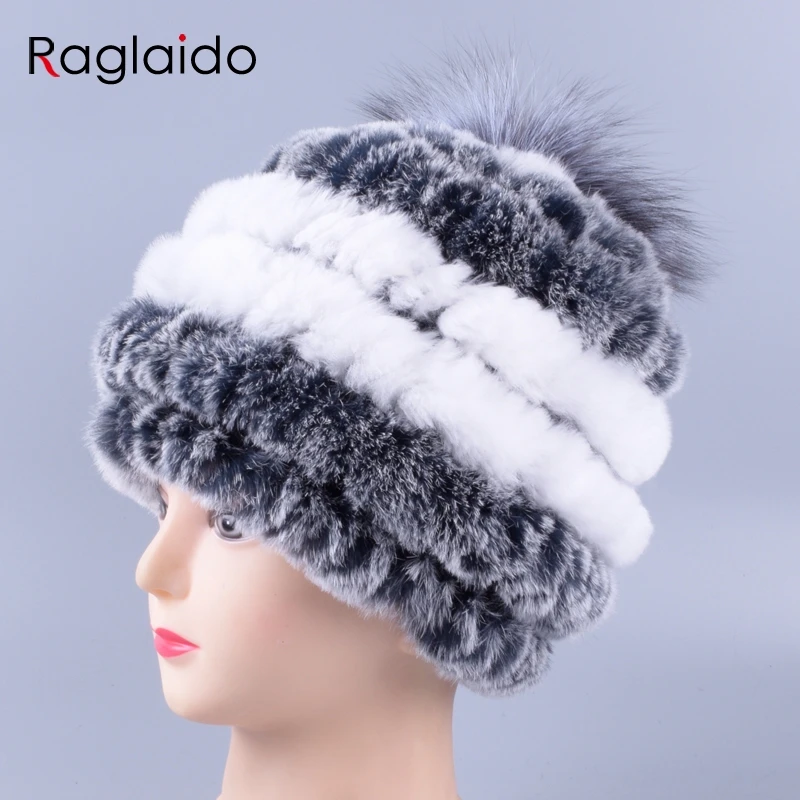 

Ragladio Women Knit Fur Pom pom Hat Winter Genuine Real Rex Rabbit Fur Cap fox fur ball Male Warm Girls Beanie Caps LQ11256