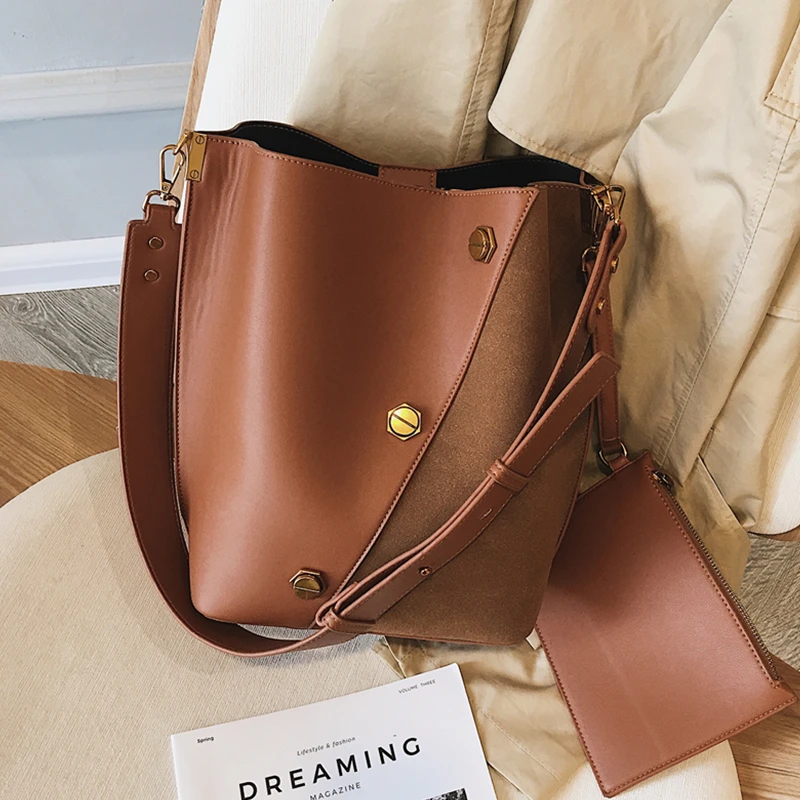 

Burminsa Suede Bucket Women Shoulder Messenger Bags Sets Vintage Wide Strap Ladies Handbags Patchwork Female Crossbody Bags 2019