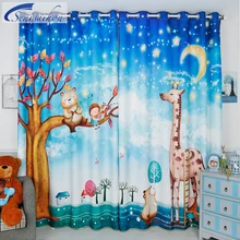 Senisaihon 3D Blackout Curtains Blue Cartoon Small Deer Bear Pattern Thickened Fabric Children Bedroom Curtains for Living Room