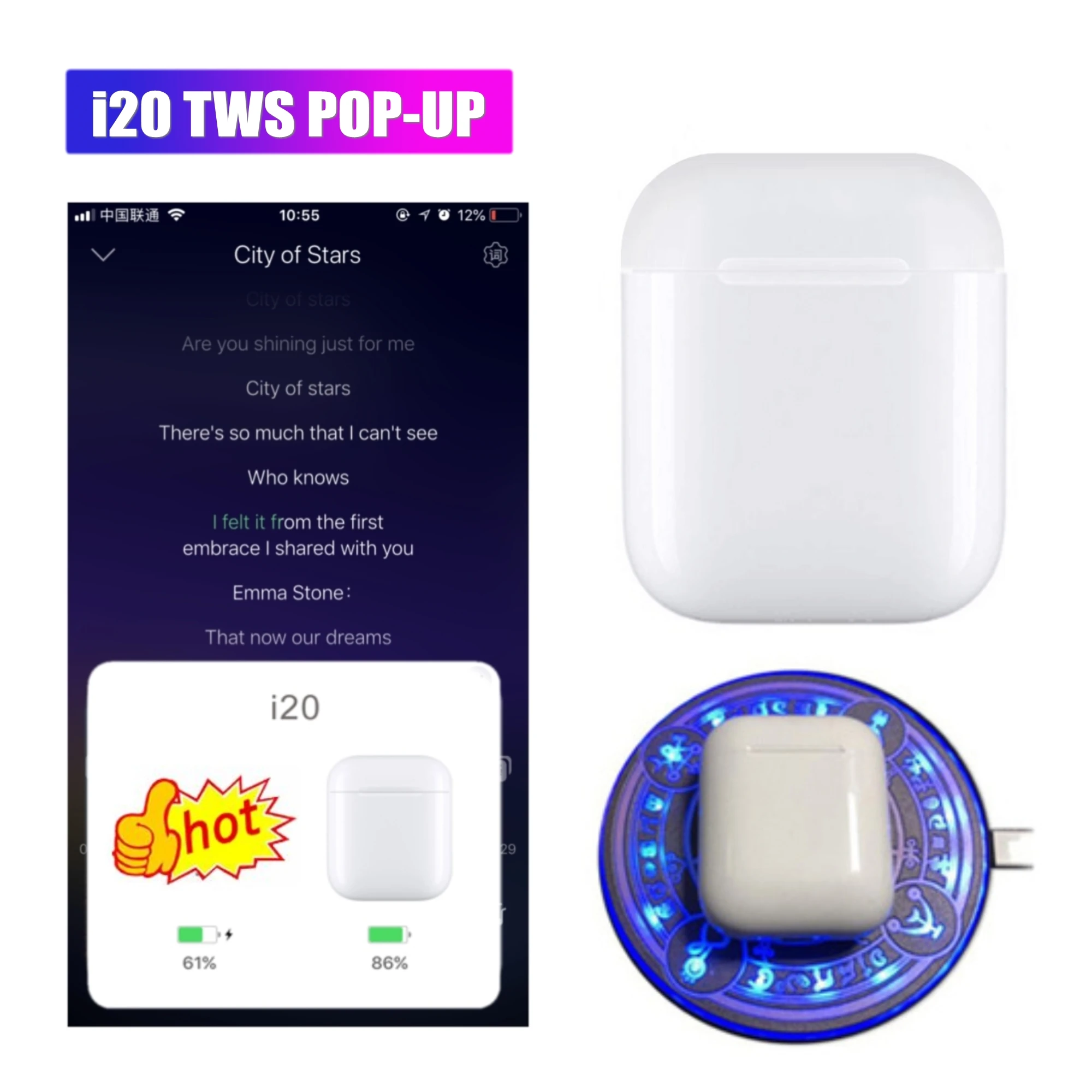 

i20 TWS Pop up Touch function Bluetooth 5.0 Earphone 5D Bass Sound headset wrieless charging PK W1chip i10 i12 i13 i15 i30 tws