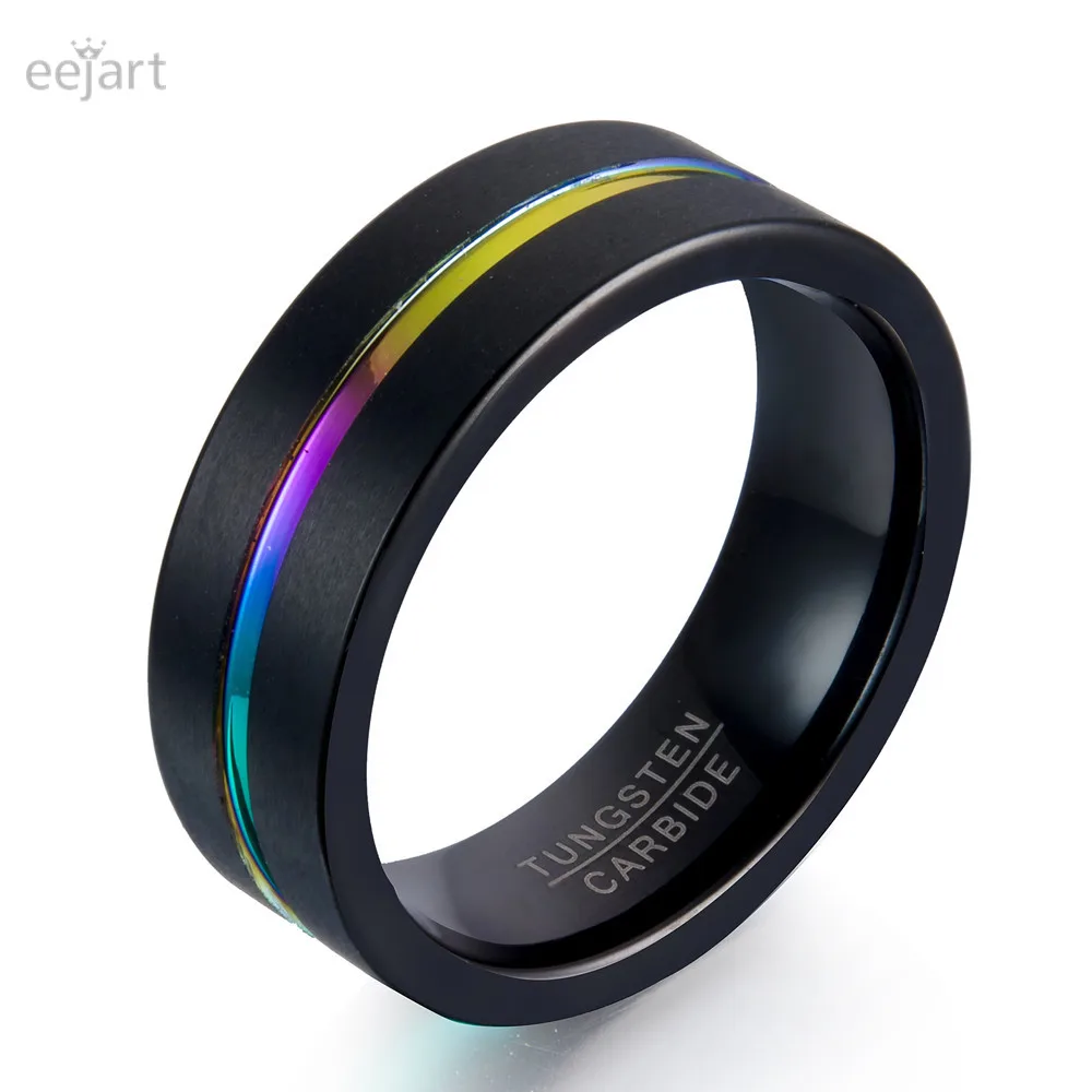 

8MM Tungsten Carbide Ring for Men Jewelry Thin Rainbow Color Line Wedding Ring