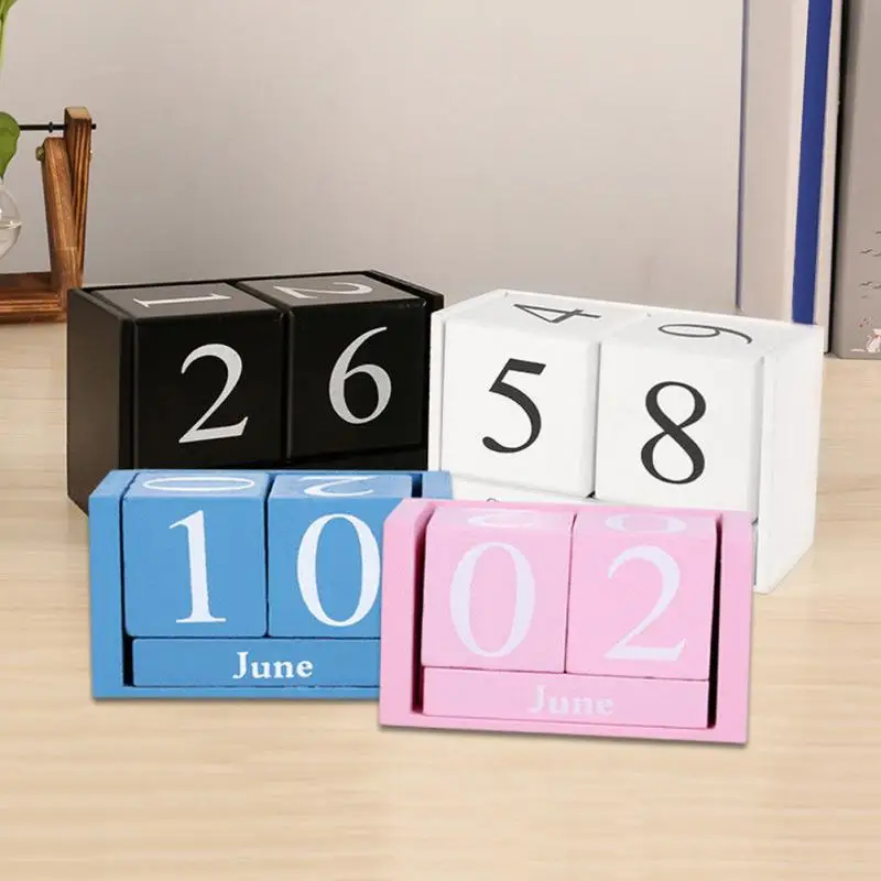 

VVintage Wooden Table Desk Calendar Wood Block Planner Permanent Desktop Organizer Home Office Decor Perpetual Calendar ^