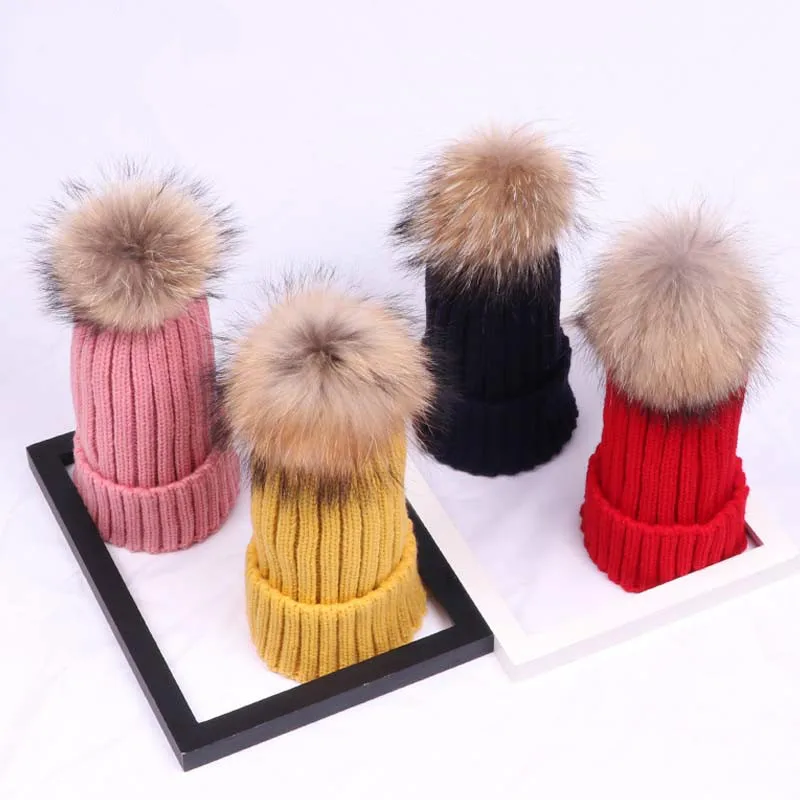 

New Fashion Fur Pompom Winter Hats for Women Child Kids Warm Knitted Hat Solid Pom Pom Hat Girls Outdoor Ski Skullies Beanies