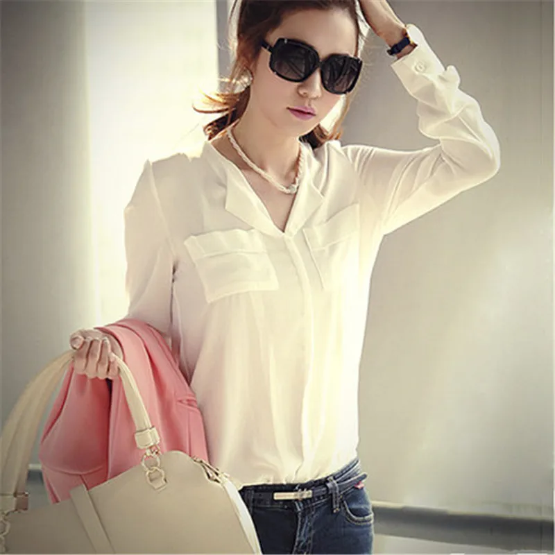 

New Spring 2019 Elegant Blouse White Shirt Women Office Ladies Shirts Long Sleeve Formal Casual Cotton Blouses V Neck Shirt D024