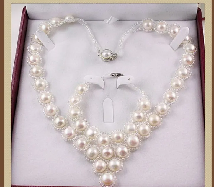 Горячее предложение, дешево, настоящий Пресноводный Культивированный натуральный жемчуг, ожерелье, браслет, серьги, набор, свадебный набор украшений для женщин