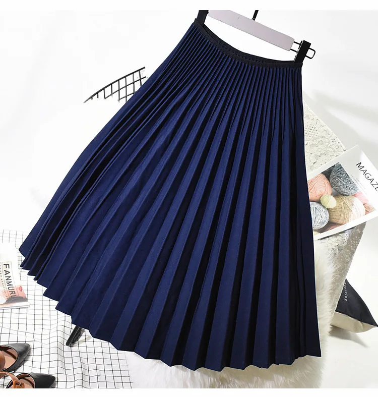 Весенние элегантные женские плиссированные юбки с высокой талией однотонные черные эластичные длинные юбки женские высококачественные женские миди синие юбки Saia