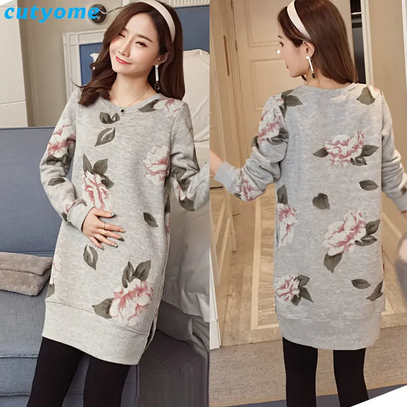 

Maternity Warm Dress Long Sleeve Plus Cashmere Maxi Pregnacy Thick Dresses Casual Floral Print Pregnancy Vestidos Pregnant Dress