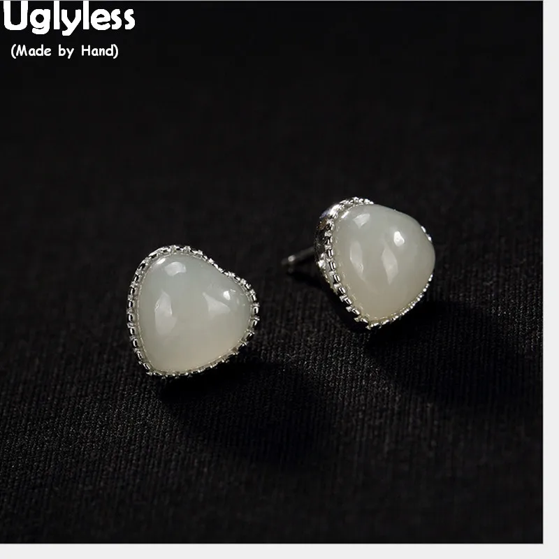 Uglyless Sweet Heart Stud Earrings for Women Luxury Natural White Jade LOVE Fine Jewelry 100% Solid 925 Silver Studs Gift Bijoux | Украшения