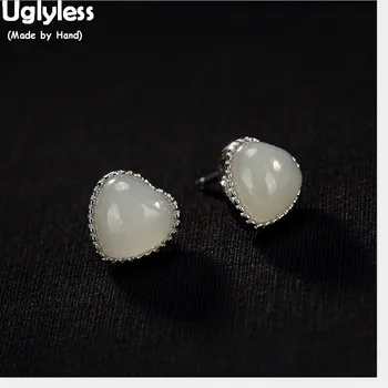 

Uglyless Sweet Heart Stud Earrings for Women Luxury Natural White Jade LOVE Fine Jewelry 100% Solid 925 Silver Studs Gift Bijoux