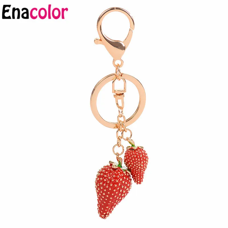 Enacolor Lucky Fresh Strawberries Key Chain Holder Ring Red Enamel Fruit Hang Bag Pendant Car Keychain Keyring Girl Gifts | Украшения и