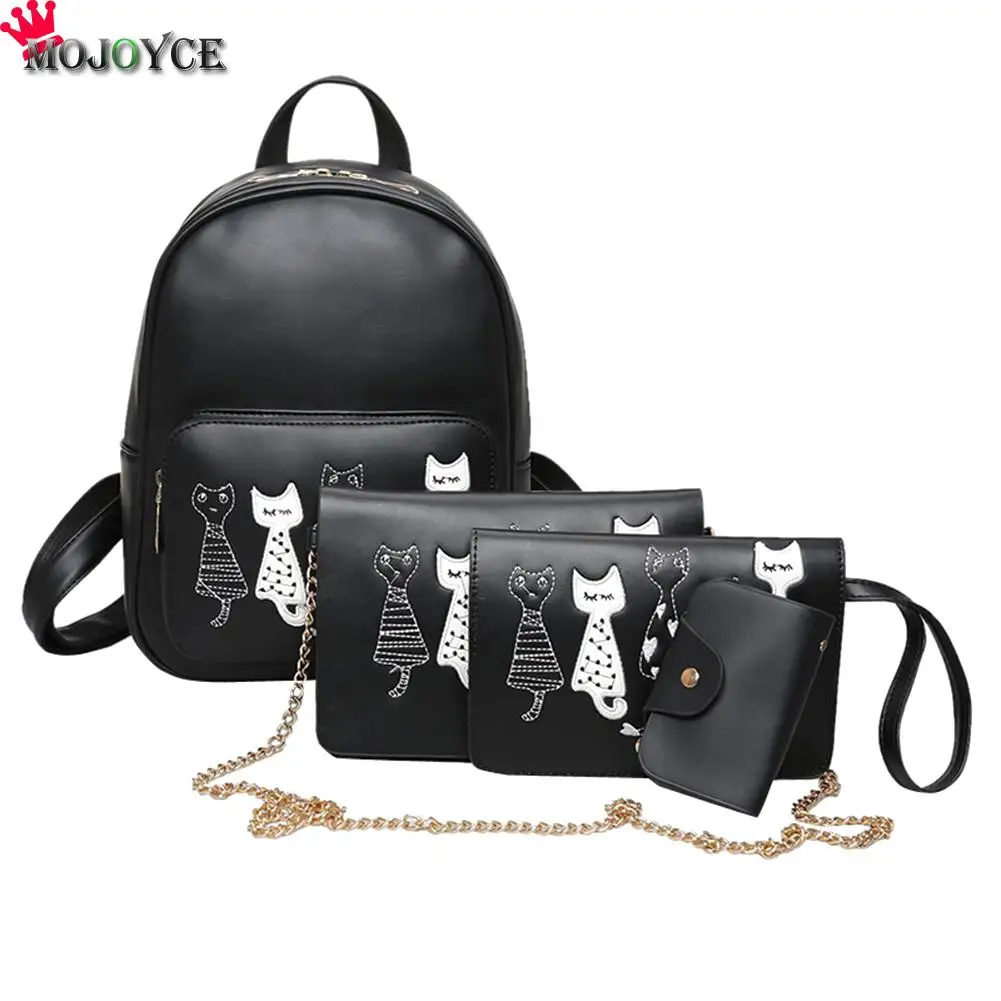 4 шт./компл. рюкзак Для женщин с принтом кота из искусственной кожи рюкзаки школьные сумки для девочек подростков Mochila Feminina Sac a Dos мини - Цвет: Черный