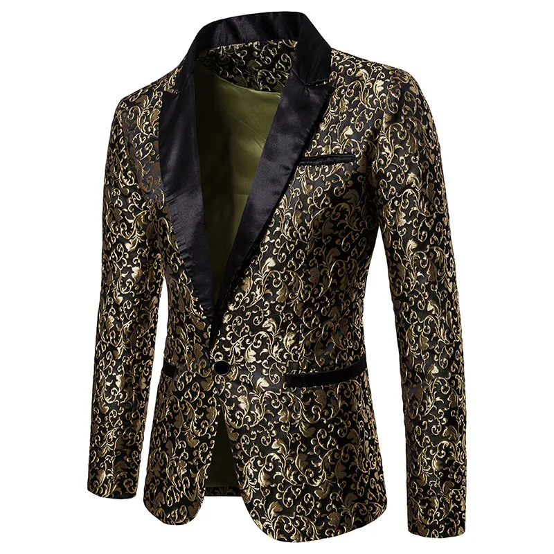 

2019 New Gold Jacquard Bronzing Floral Blazer Men Brand Business casual Blazer Jacket Wedding Party Stage Singer Costume Homme