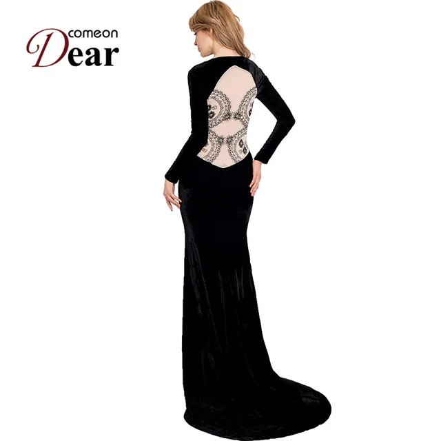 RA70214 Comeondear Black Velvet Dress Elegant Prom Long Sleeve Dress