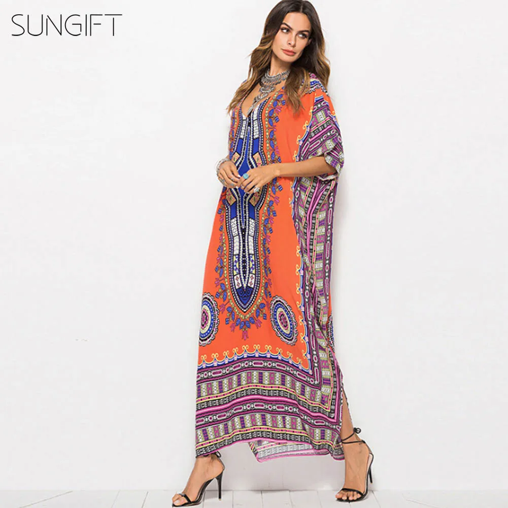 Orange SUNGIFT Африканский узор Дашики модное Макси платье с боковыми разрезами Летучая мышь с коротким рукавом печати платье этнические платья - Цвет: Orange
