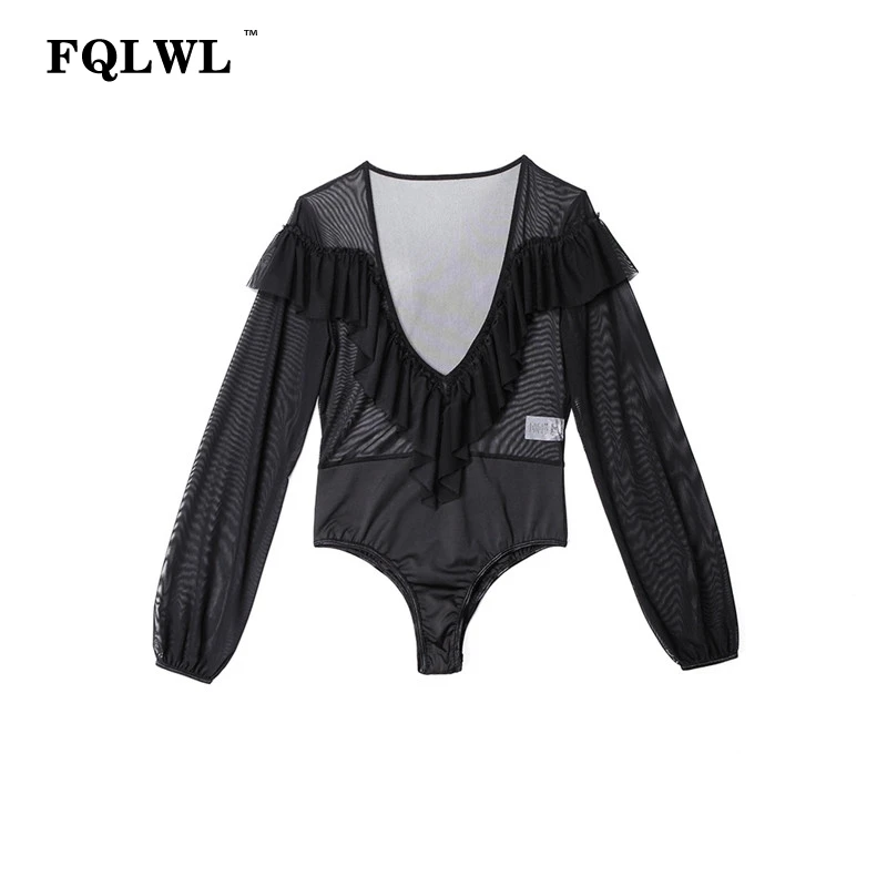 FQLWL, прозрачный, с оборками, с длинным рукавом, сетчатый, сексуальный, боди, для женщин, комбинезон, глубокий v-образный вырез, прозрачный, облегающий, черный, женский, боди