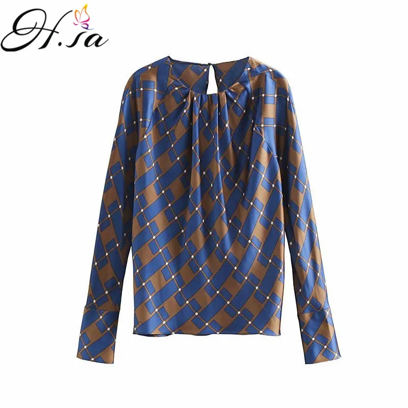 

H.SA Casual Long Sleeve Blouses Women 2019 Navy Geometric Loose Blusa and Tops Flare Sleeve Streetwear Shirts Fashion Clothing