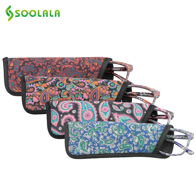 

SOOLALA Printed Reading Glasses Womens Mens Spring Hinge Pocket Reading Glasses with Matching Pouch +1.0 1.25 1.5 1.75 to 4.0