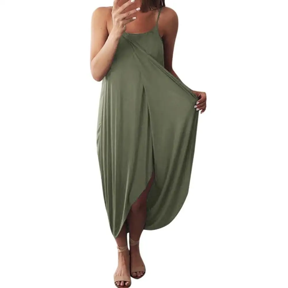 

Women Solid Dress Spaghetti Strap Sleeveless Loose High Waist Irregular Midi Dress Women Sexy Backless Beach Dress