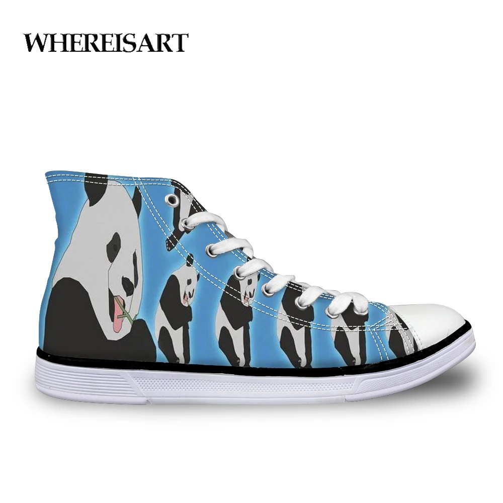 

WHEREISART Panda Pattern Woman Canvas Sneakers Flat Casual Breathable for Ladies Lace up High top Women Vulcanize Shoes 2019