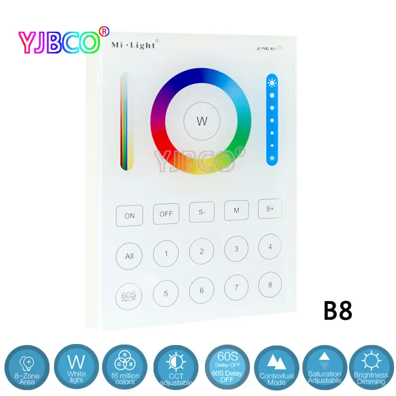 MiLight 2.4G wireless 8 Zone FUT089 remote;B8 Wall-mounted Touch Panel;LS2 5IN 1smart led controller for RGB+CCT led strip