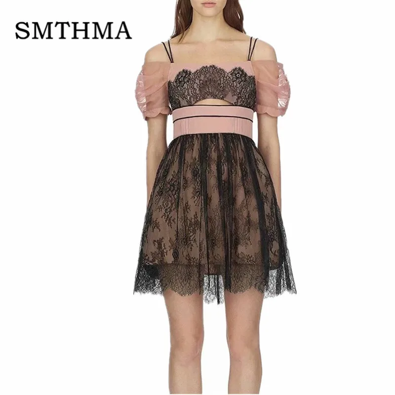 

2019 New arrival High quality luxury runway Sexy Slash Neck Lace Dress summer hort sleeve Chic dress