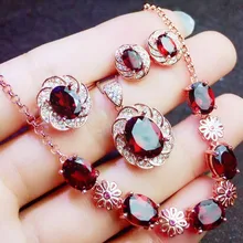 Натуральный ювелирные изделия из граната Набор 1 шт. кулон 1 шт. браслет-цепочка 1 шт. кольцо 1 пара серьги-гвоздики 925 серебро# J92206