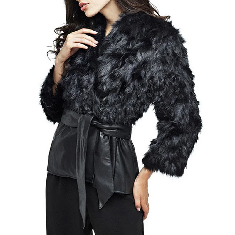 

New Leather Fur Coat Jacket Solid Black Patchwork Women Winter Warm Slim Oversize With Sashes Belt Bowknot Zip Pockets 7F0058