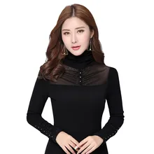 MOBTRS базовый с длинным рукавом рубашка Женская мода осень высокая шея тонкий женский топ повседневная черная футболка женская