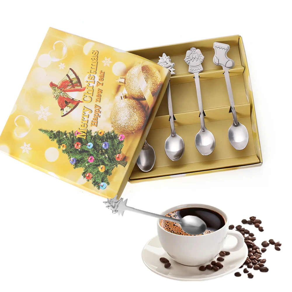 4pcs/Set Stainless Steel Xmas Tree Snowman Coffee Spoons Kids Dessert Teaspoon 