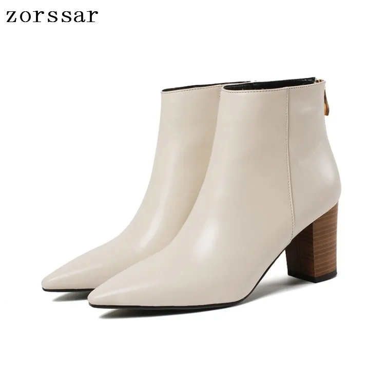 

{Zorssar} New Arrival Women High Heel Ankle Boots soft Leather Women Boots genuine leather Square Heel shoes Black Winter Boots