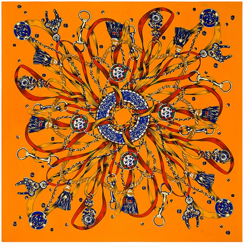 

New Arrival Luxury Brand 100%Twill Silk Woman Scarf Square Scarves Hijab Royal Rope Tassels Chain Metal Print Silk Scarf Wraps