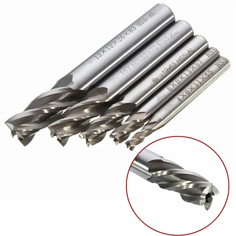 5pcs End Mill Cutter Set 4 Flute HSS Straight Shank Milling Cutter