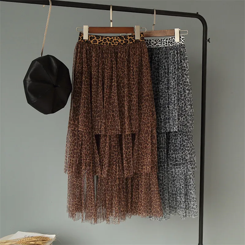 2019 Korean new Spring Spring new Korean layer cake skirt sexy leopard bottom skirt swing long mesh gauze skirts clothes 2019 Korean new Spring Spring new Korean layer cake skirt sexy leopard bottom skirt swing long mesh gauze skirts clothes