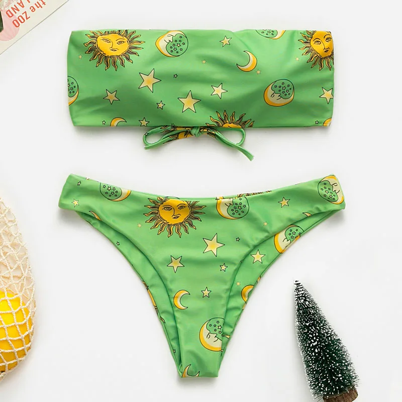 

Turmeric plus size bikini bandeau swimsuit female 2019 Lace up bathers print swimwear woman string bathing suit mujer push up