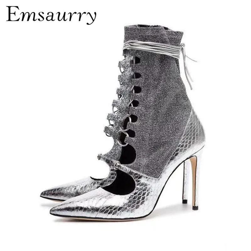 

European Style 2018 New Spring Summer Silver Serpentine Stiletto Heel Point Toe Cross Tied Shallow Sock Boots Women