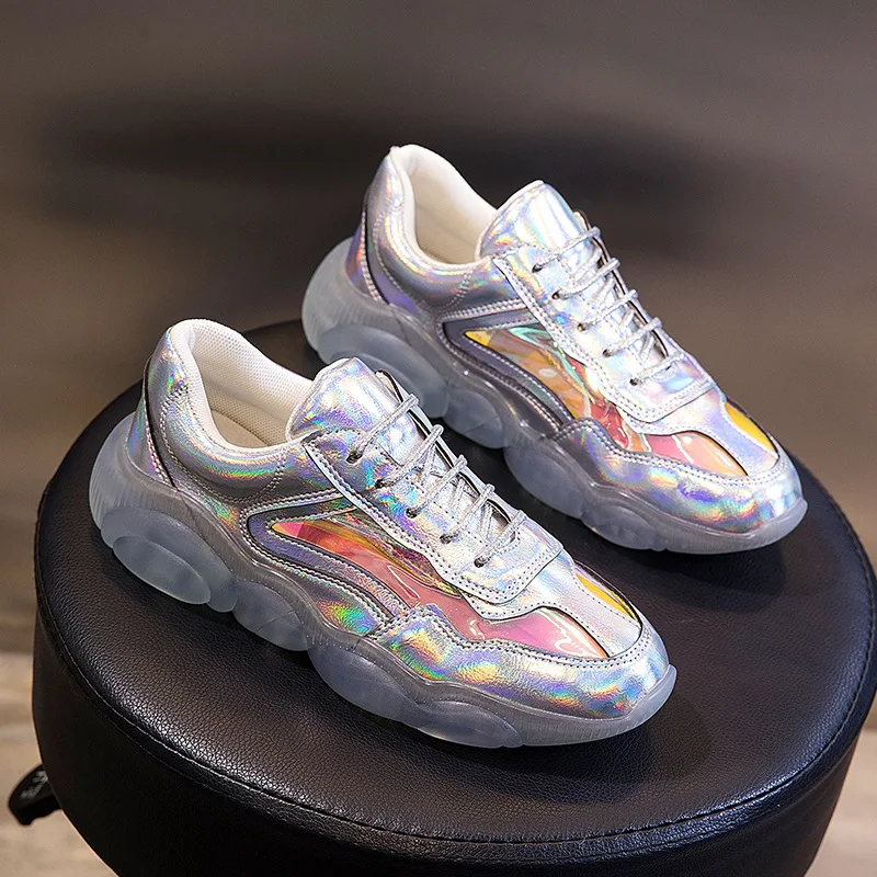 

New Sneakers Women Summer Crystal Colorful Platform Gym Sneaker Laser Genuine Leather Transparent Sole Casual Gold Shoes Ladies